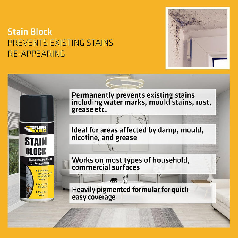 thumbnail image 2 of Everbuild Stain Block Aerosol Spray Paint | 400ml | White | Stops Water Marks, Mould & Rust 2 of 5