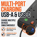 Westminster Electrical 6 Socket Extension Lead Power Hub | 4 x USB Outlets | 2m Extension Cable