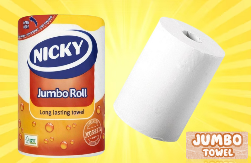 Nicky Jumbo White Kitchen Roll 2Ply, Min 200 Sheet.