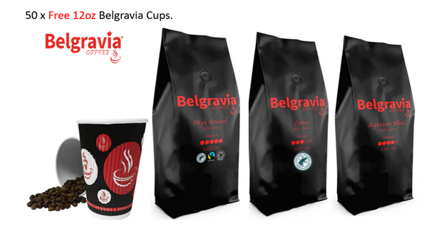 Belgravia Blends 3 x 1kg Bean Selection & 50 FREE Belgravia 12oz Cups