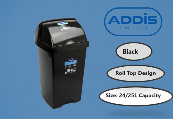 Addis Black 25Lt Plastic Roll Top Waste Rubbish Bin