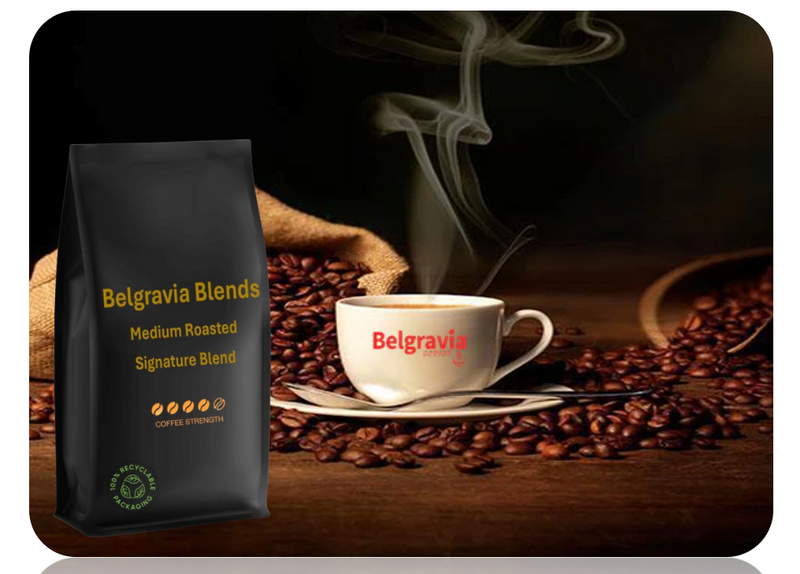 Belgravia Signature Premium Blended Coffee Beans 1kg, Produced with 100% Recyclable packaging.