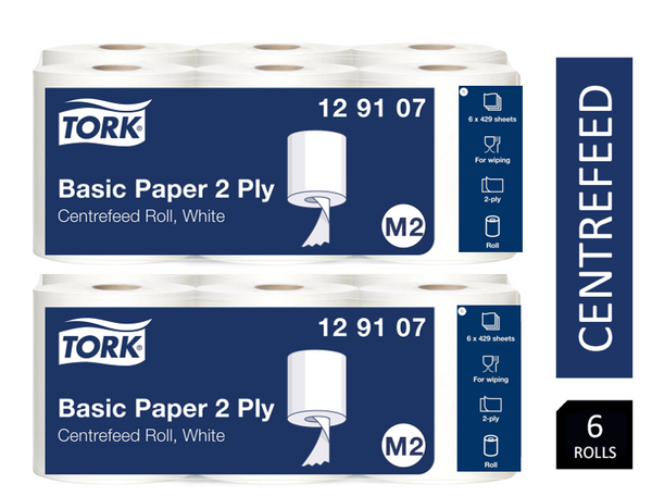 Tork 129107 Centrefeed Rolls White x 6's  2ply Paper for M2 System 429sheet/150m