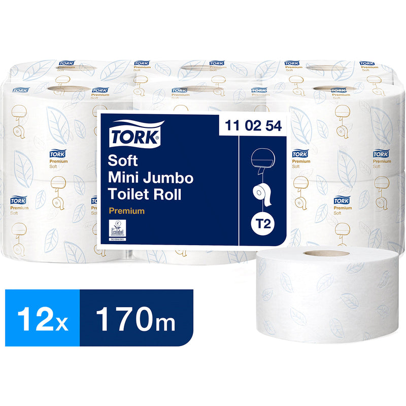 Tork 110254 T2 2 Ply Mini Jumbo Premium Toilet Roll Pack 12's