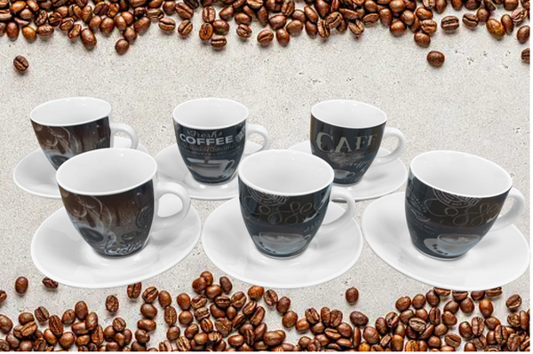 Fixtures Coffee Printed Design Espresso Cup & Saucer Set {12 Piece Set}