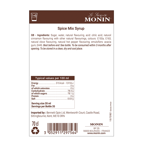 Monin Winter Spice Coffee Syrup 700ml (Glass Bottle)