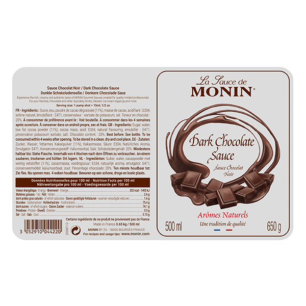 MONIN Premium Dark Chocolate Sauce 500ml for Frappes, Desserts, Cocktails.