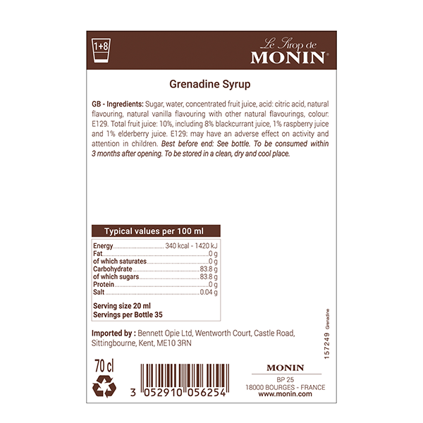 Monin Grenadine Cocktail Syrup 700ml (Glass Bottle)