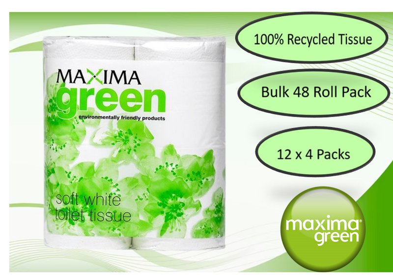 Maxima Green 2-Ply White Toilet Roll 200 Sheet 100% Recycled Paper (Pack of 48)