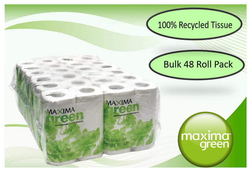 Maxima Green 2-Ply White Toilet Roll 200 Sheet 100% Recycled Paper (Pack of 48)