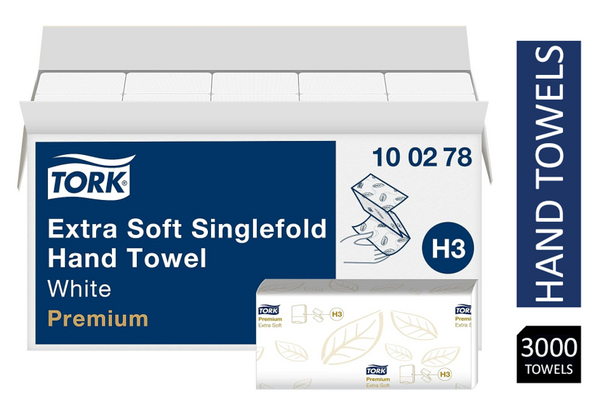 Tork 100278 Extra Soft Singlefold Hand Towels White H3, Premium, Embossed,15x200 Sheets