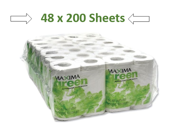 Maxima Green 2-Ply White Toilet Roll 200 Sheet (Pack of 48)