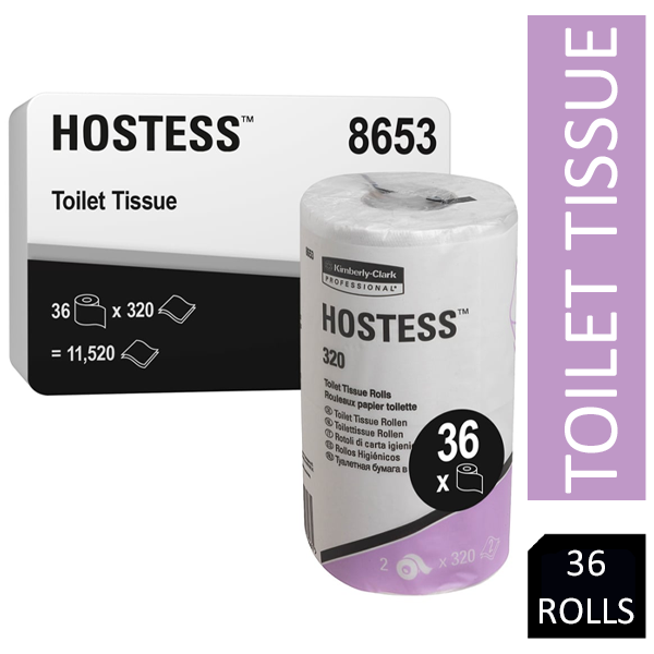 Hostess Standard Roll Toilet Tissue 8653 - 36 rolls x 320 Sheets White, 2 ply sheets (11,520 sheets)