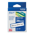 Brother P-Touch TZe Lam Tape Cassette 36mm x 8m Black on White Tape TZE261