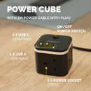 Fellowes Power Cube Type G UK/IE 3 Sockets 1 USB-A + 2 USB-C Ports Black 100136979