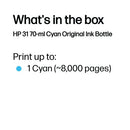 HP 31 Original Ink Bottle 70-ml Cyan 1VU26AE