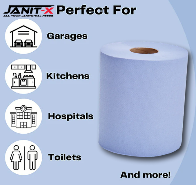 Janit-X Eco 100% Recycled Centrefeed Rolls Blue 6 x 400s CHSA Accredited