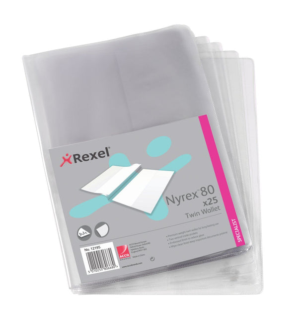 Rexel Nyrex Twin Wallet PVC 100 Micron Clear (Pack 25) 12195 - UK BUSINESS SUPPLIES