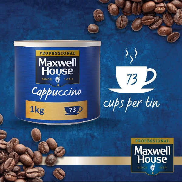 Maxwell House Cappuccino Instant Coffee 1kg Tin (Full Pack 4's) - UK BUSINESS SUPPLIES