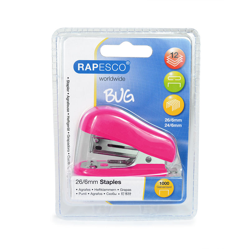 Rapesco Bug Mini Stapler Plastic 12 Sheet Hot Pink - 1412 - UK BUSINESS SUPPLIES