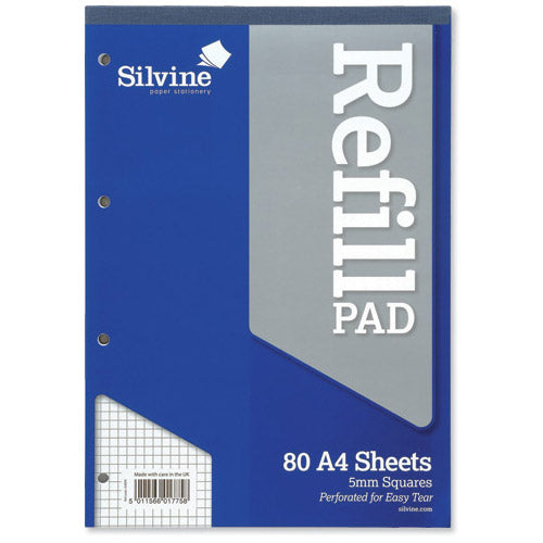 Silvine Refill Pad Headbound Perforated Punched Quadrille Squared 5mm 75gsm A4 Ref A4RPX [Pack 6] - UK BUSINESS SUPPLIES