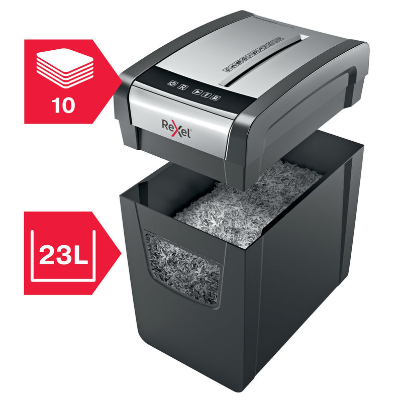 Rexel Momentum X410-SL Slimline Cross Cut Shredder 23 Litre 10 Sheet Black 2104573 - UK BUSINESS SUPPLIES