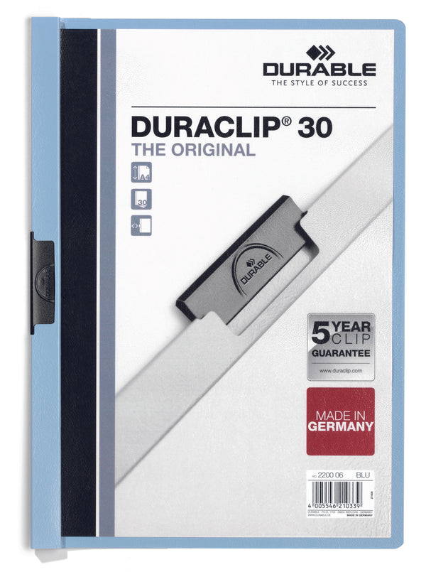 Durable Duraclip 30 Report File 3mm A4 Blue (Pack 25) 220006 - UK BUSINESS SUPPLIES
