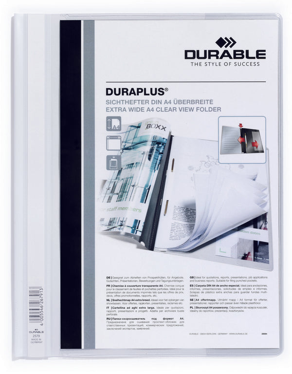 Durable Duraplus Report Folder Extra Wide A4 White (Pack 25) 257902 - UK BUSINESS SUPPLIES