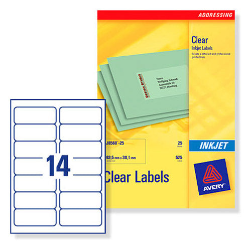 Avery Clear Addressing Labels 14 per Sheet 99.1x38.1mm Ref J8563-25 [350 Labels] - UK BUSINESS SUPPLIES