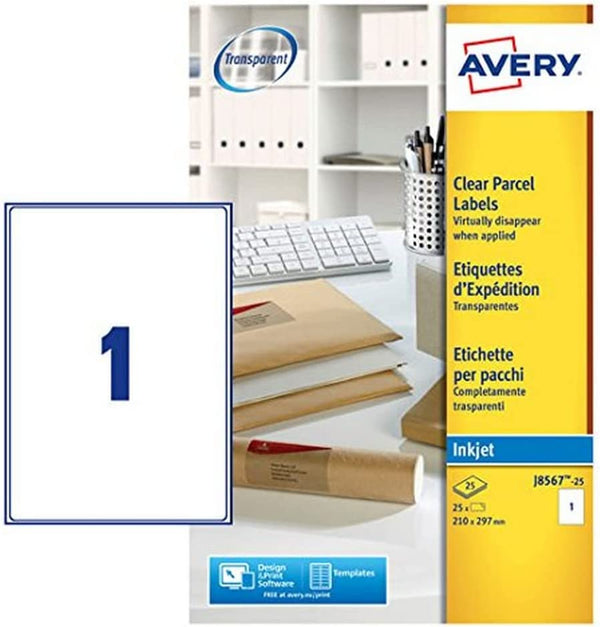 Avery Clear Inkjet Labels 210x297mm J8567-25 (Pack of 25 Labels) - UK BUSINESS SUPPLIES