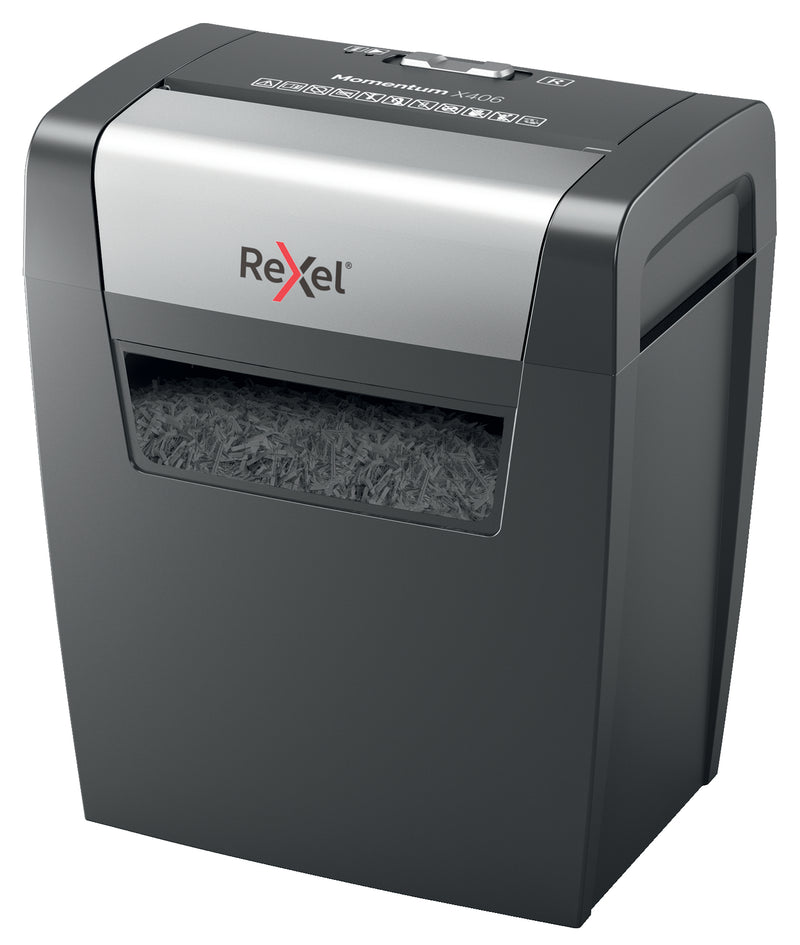 Rexel Momentum X406 Cross Cut Shredder 15 Litre 6 Sheet Black 2104569 - UK BUSINESS SUPPLIES