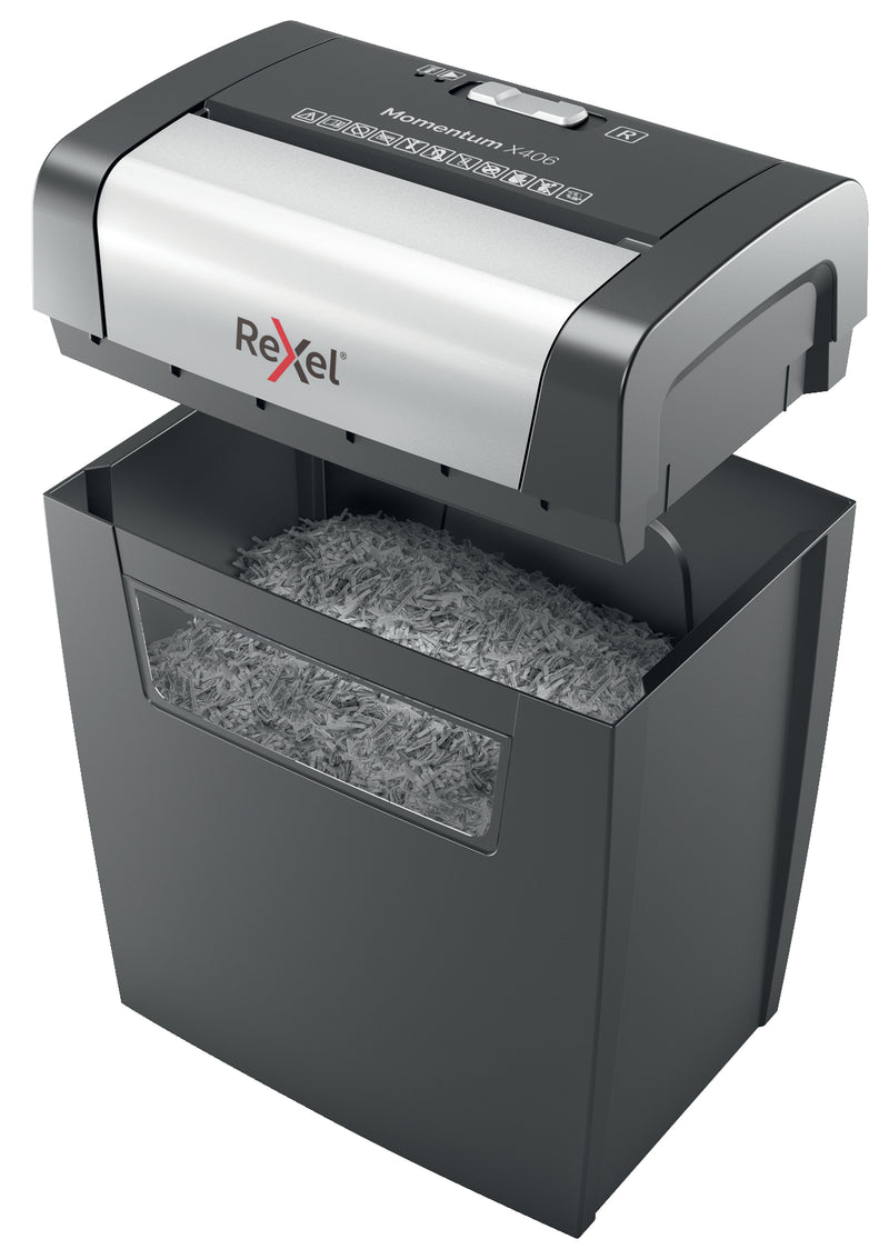 Rexel Momentum X406 Cross Cut Shredder 15 Litre 6 Sheet Black 2104569 - UK BUSINESS SUPPLIES