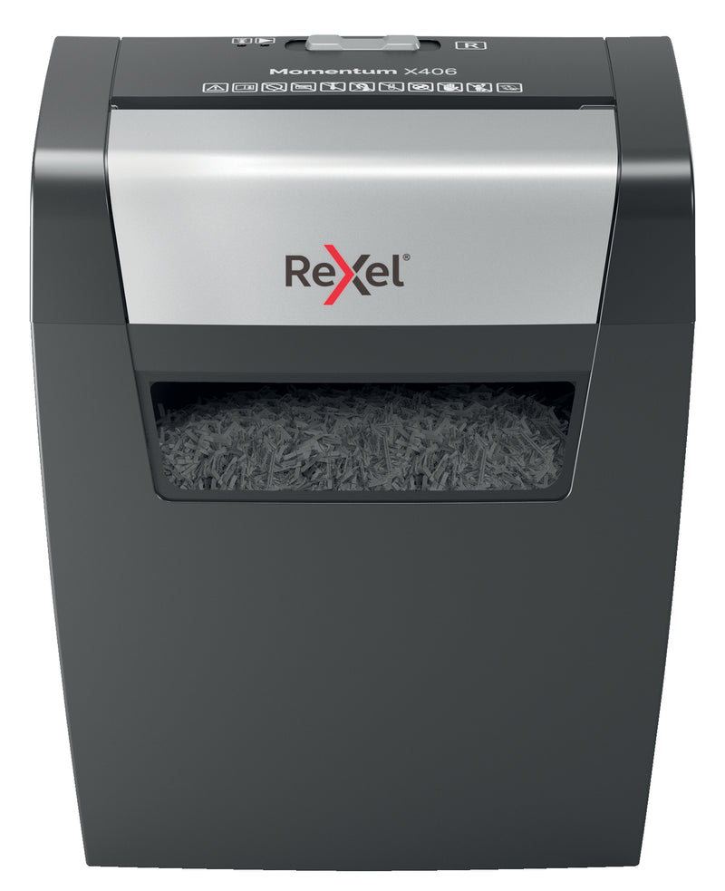 Rexel Momentum X406 Cross Cut Shredder 15 Litre 6 Sheet Black 2104569 - UK BUSINESS SUPPLIES