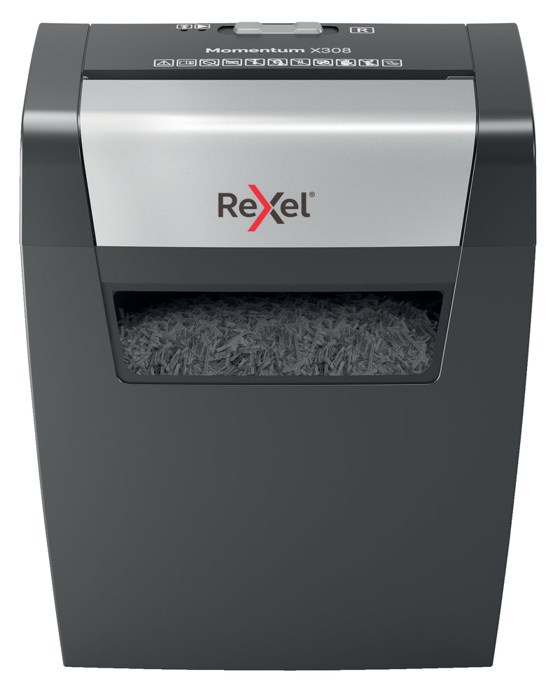Rexel Momentum X308 Cross Cut Shredder 15 Litre 8 Sheet Black 2104570 - UK BUSINESS SUPPLIES