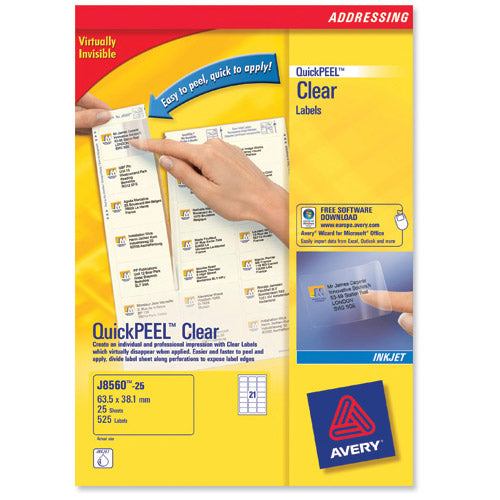 Avery Mini Labels Inkjet 65 per Sheet 38.1x21.2mm Clear Ref J8551-25 [1625 Labels] - UK BUSINESS SUPPLIES
