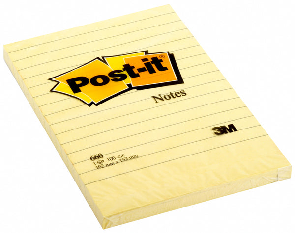 Post-it Notes Large Format Ruled 102x152mm 100 Sheets Yellow (Pack 6) 660 - 7100172753 - UK BUSINESS SUPPLIES