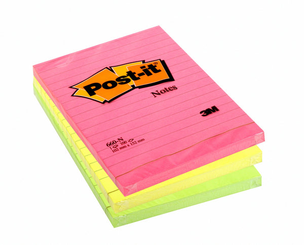 Post-it Notes 102x152mm 100 Sheets Ruled Rainbow Colours (Pack 6) 660N - 7100172324 - UK BUSINESS SUPPLIES