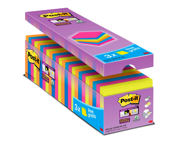 Post-it Notes Super Sticky 76x76mm 90 Sheets Assorted Colours (Pack 24) 654-SS-VP24COL-EU - 7100234515 - UK BUSINESS SUPPLIES