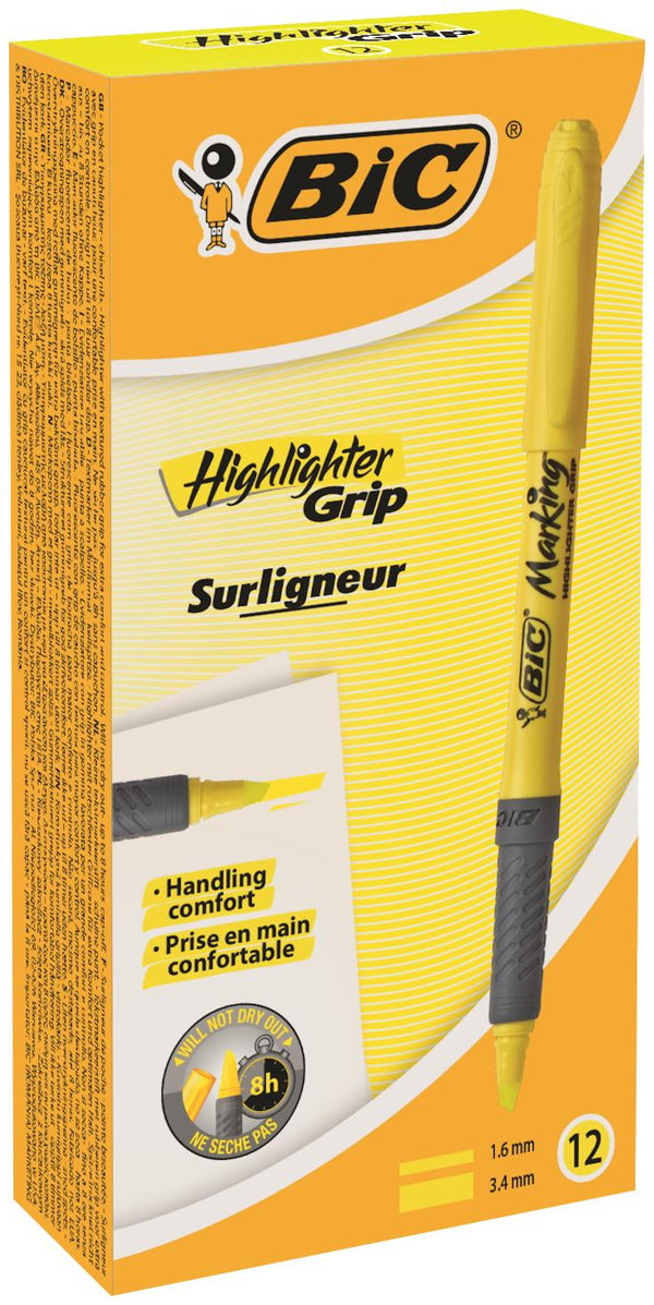 Bic Grip Highlighter Pen Chisel Tip 1.6-3.3mm Line Yellow (Pack 12) - 811935 - UK BUSINESS SUPPLIES