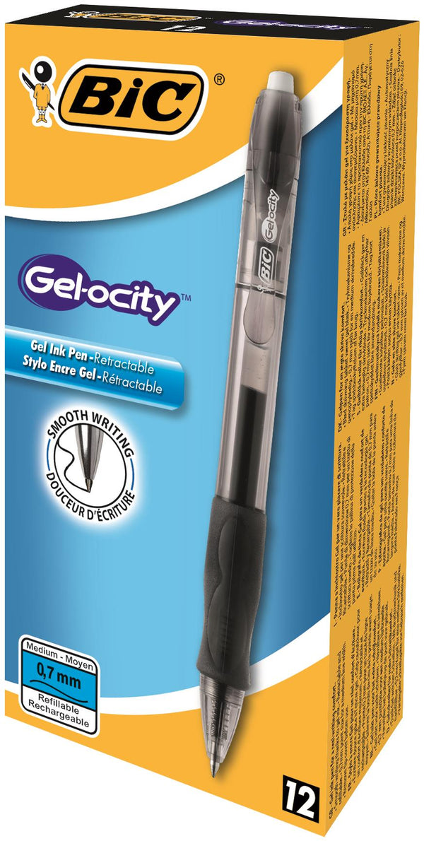 Bic Gel-ocity Grip Retractable Gel Rollerball Pen 0.7mm Tip 0.3mm Line Black (Pack 12) - 829157 - UK BUSINESS SUPPLIES