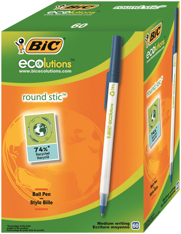 Bic Ecolutions Round Stic Ballpoint Pen Recycled 1mm Tip 0.32mm Line Blue (Pack 60) - 8932402 - UK BUSINESS SUPPLIES