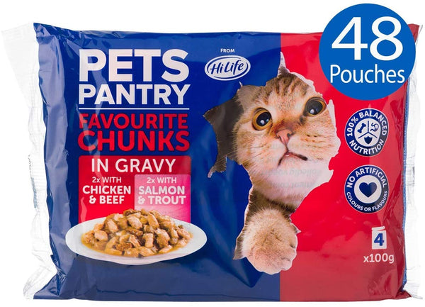 Hilife Pets Pantry Cat Food Favourite Chunks in Gravy, 48 x 100g Pouches - UK BUSINESS SUPPLIES