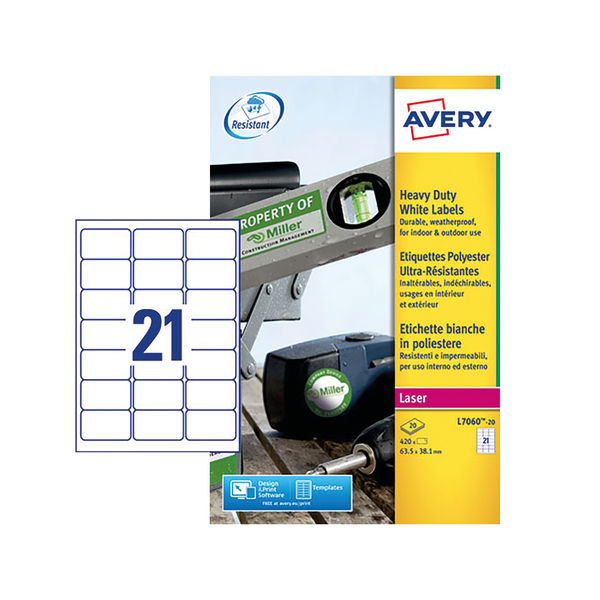 Avery Heavy Duty Labels Laser 21 per Sheet 63.5x38.1mm White Ref L7060-20 [420 Labels] - UK BUSINESS SUPPLIES
