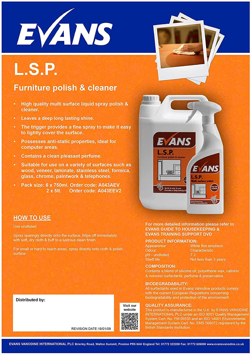Evans L.S.P. Perfumed Furniture Polish and Window Cleaner Spray Bottle 750ml - UK BUSINESS SUPPLIES