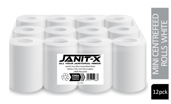 Janit-X Eco 100% Recycled Mini Centrefeed Rolls White 2 Ply 12x60m - UK BUSINESS SUPPLIES