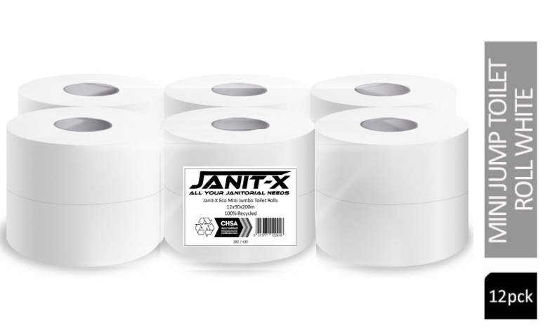 Janit-X Eco Mini Jumbo 100% Recycled 2Ply Toilet Rolls 12 x 200m, CHSA Accredited - UK BUSINESS SUPPLIES