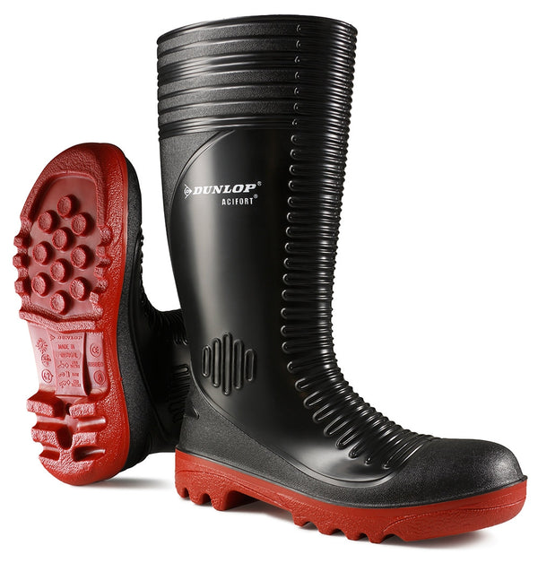 Dunlop Acifort Black & Red Ribbed Rubber Wellington Boots {All Sizes} - UK BUSINESS SUPPLIES