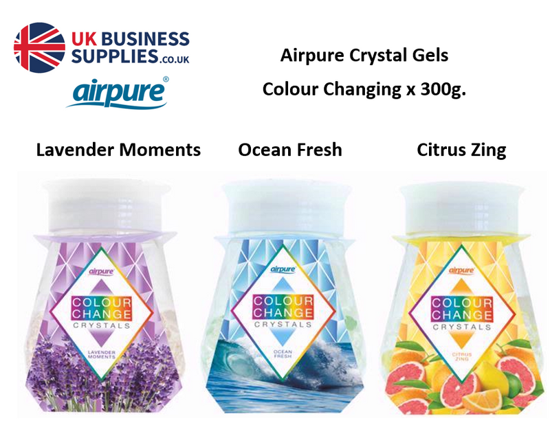 Airpure NEW Colour Changing Gel Cyrstals Air fresheners, Lavender/Citrus/Ocean {12 Mixed Offer Pack} - UK BUSINESS SUPPLIES