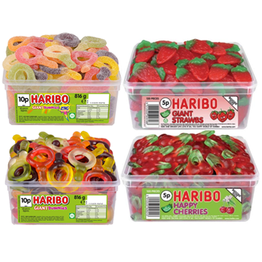 Haribo 4 x Multi Pack Tubs Giant Strawberry's, Sour & Normal Dummies, Happy Cherries - UK BUSINESS SUPPLIES