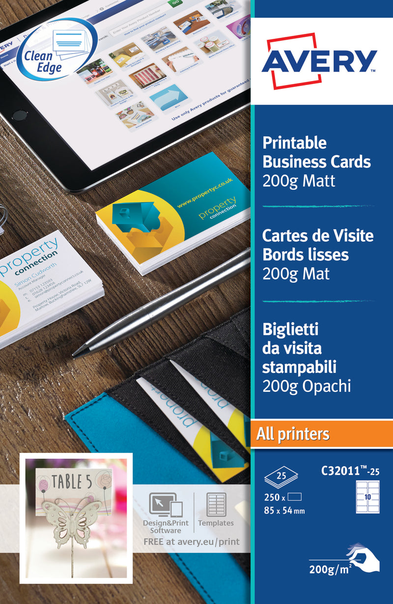 Avery Business Card Single Sided 10 Per Sheet 200gsm Matt (Pack 250) C32011-25 - UK BUSINESS SUPPLIES